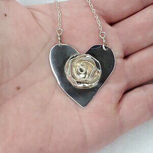 Sterling Silver Heart Rose Necklace Artisan Signed 19"